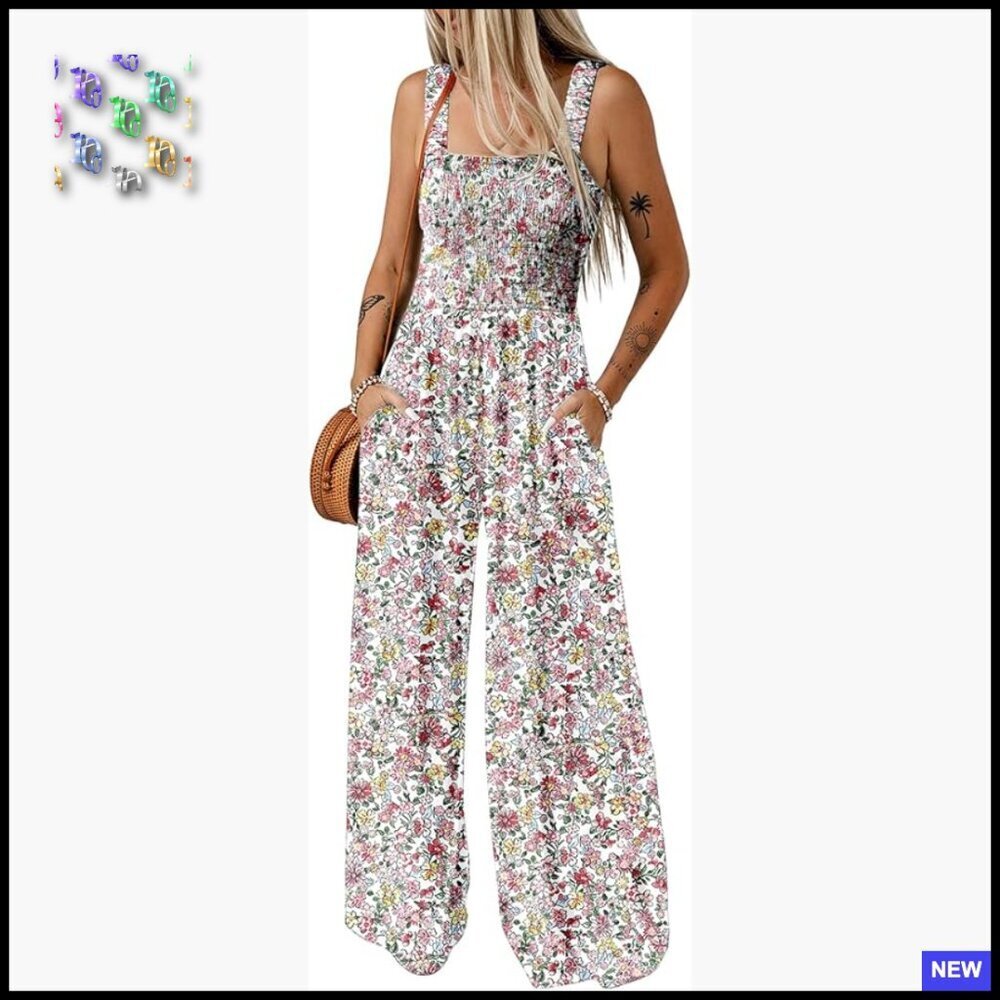 Printed Wide Leg Jumpsuit Sleeveless Square Neck Casual Loose Fit Overalls